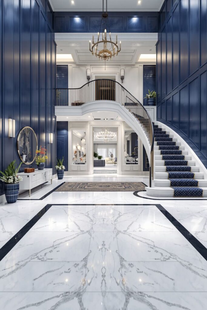 Sapphire and White Foyer With Dramatic Staircase Carpet Runner