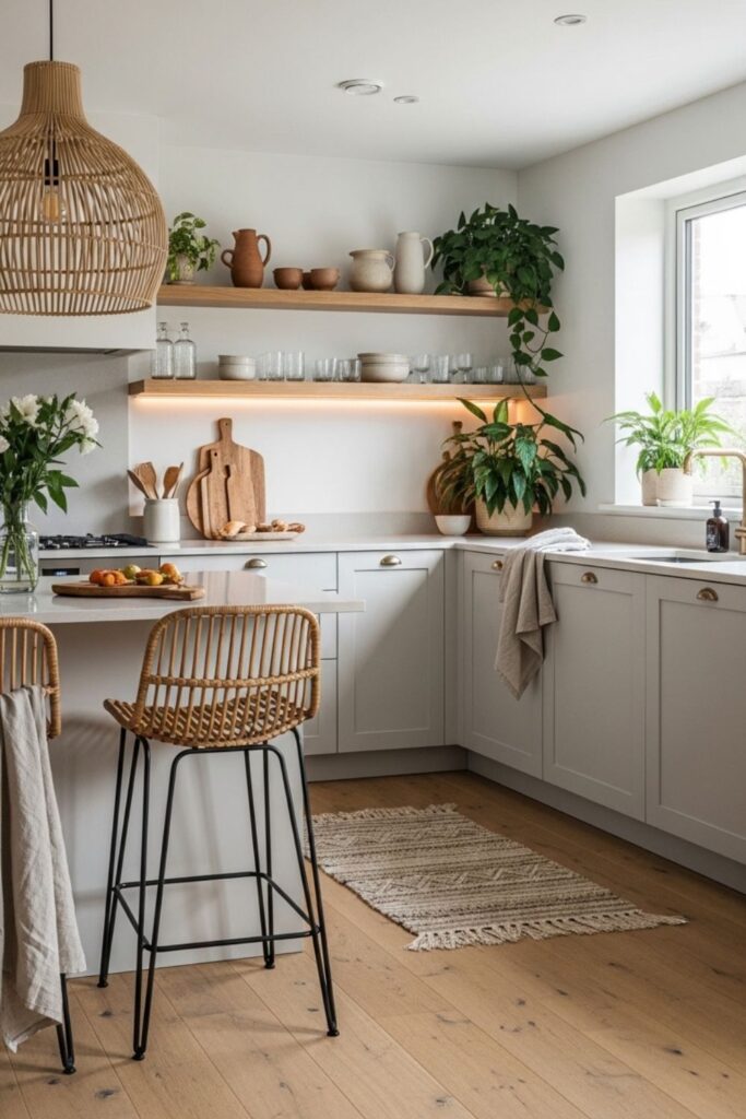Scandinavian boho kitchen, modern kitchen with warm wood, kitchen, natural kitchen decor