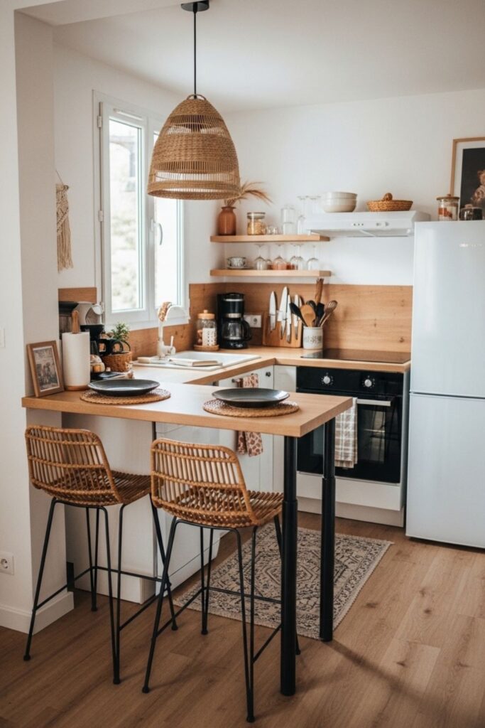 Small boho kitchen, modern kitchen with warm wood, kitchen natural decor