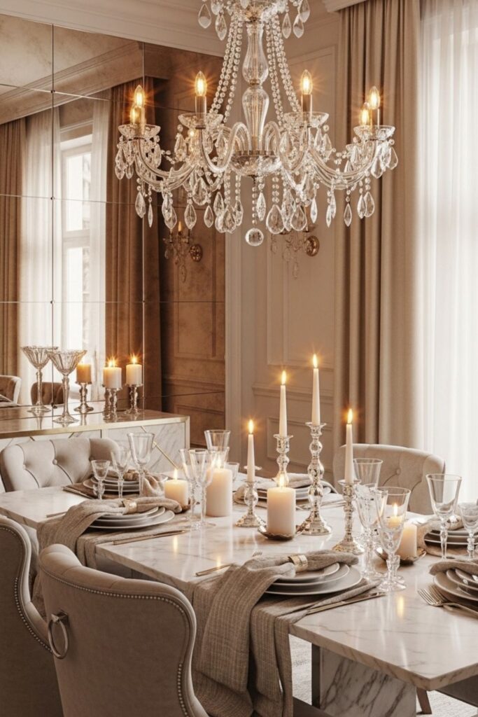 Soft Neutral Modern Classic Luxury Dining Room with Marble Table and Gold Accents