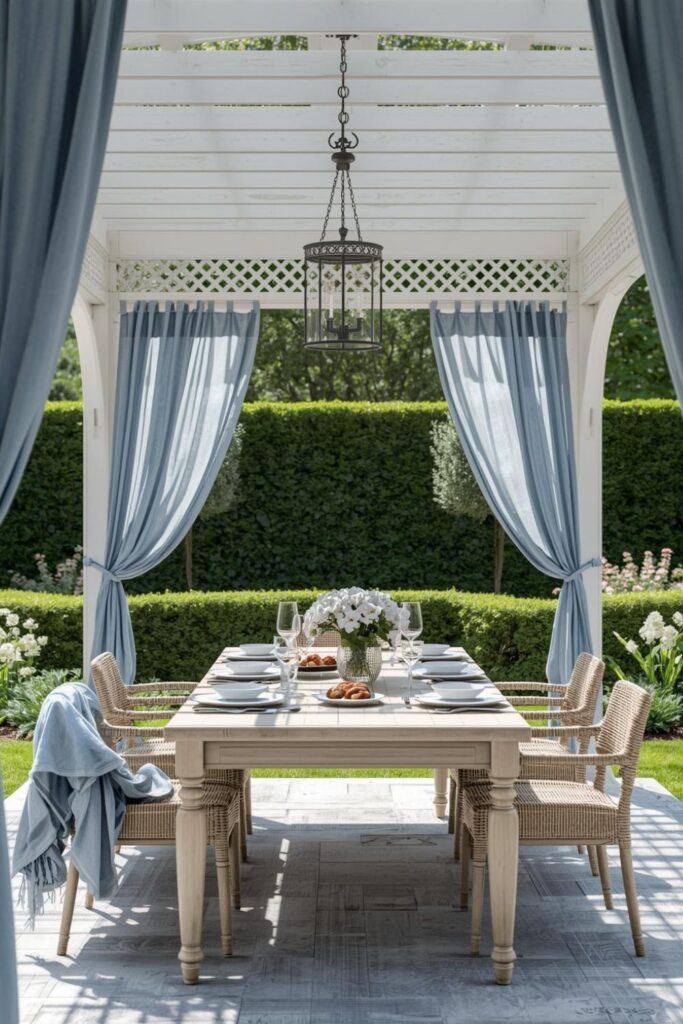 Sunlit Brunch in a White Garden Pavilion with Flowing Blue Drapes