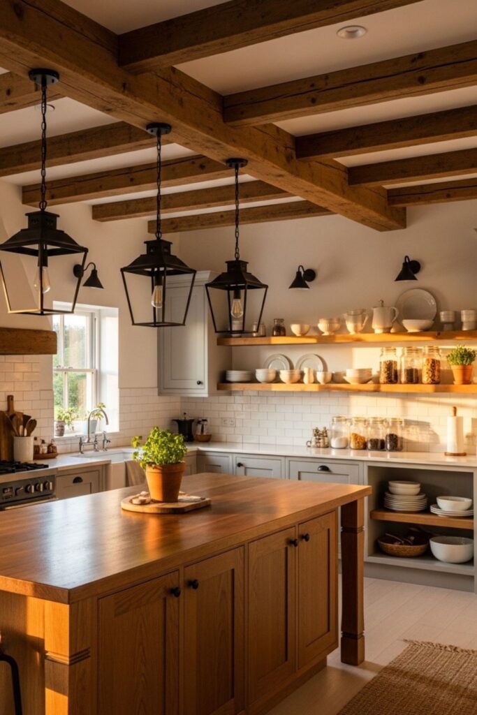 Sunlit Rustic Modern Farmhouse Kitchen with Wooden Ceiling Beams, Grey Cabinetry, and Farmhouse Island