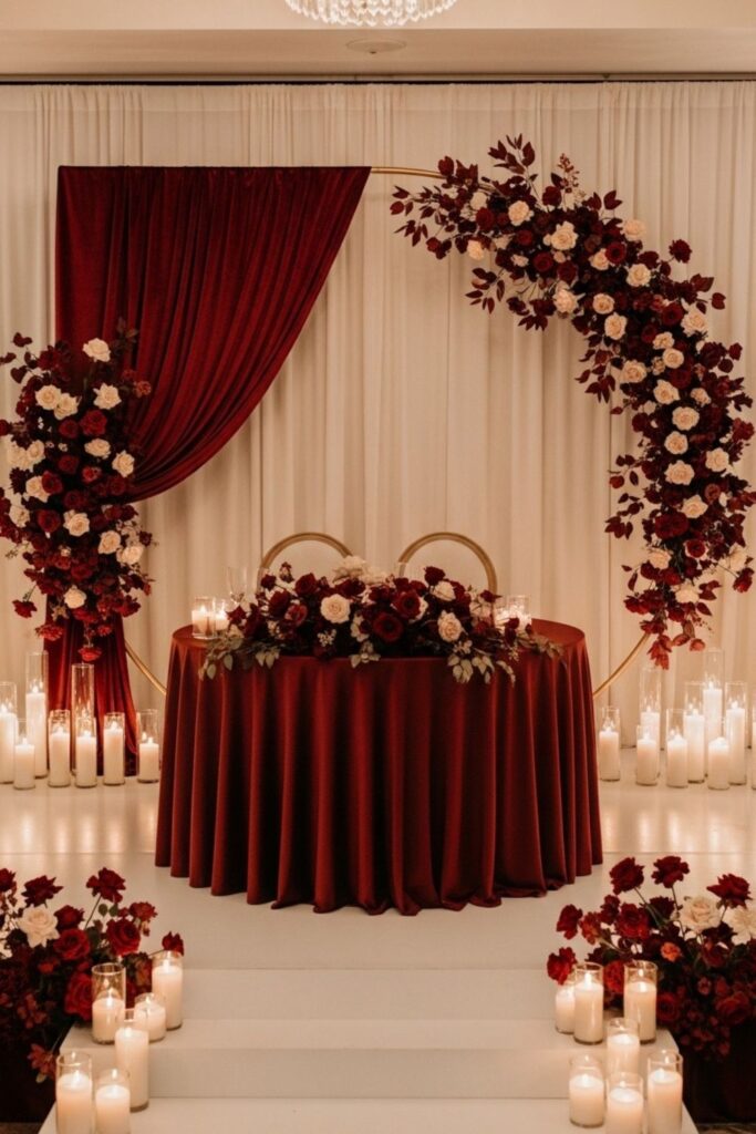 Elegant Maroon and Cream Floral Wedding Backdrops for a Romantic, Luxe Celebration