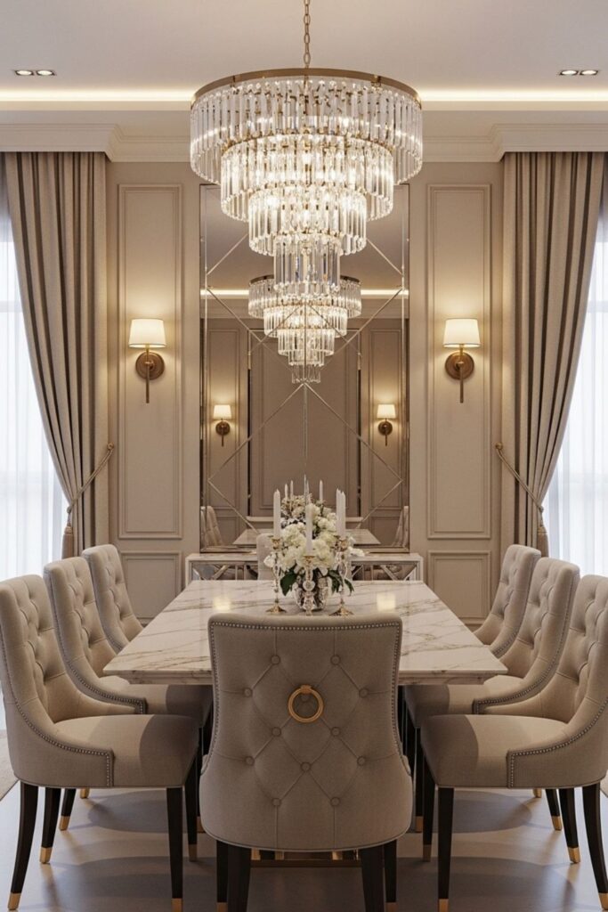 Symmetrical Modern Classic Luxury Dining Room with Marble Table and Mirrored Wall Decor