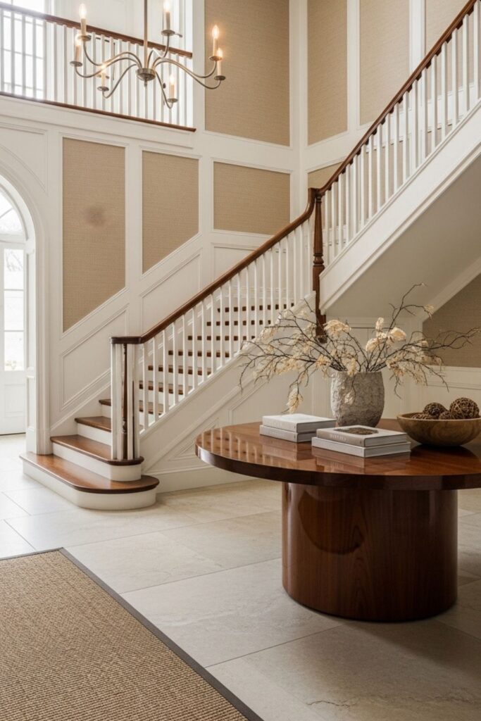 Traditional Entryway Staircase with Soft White Millwork and Layered Neutral Textures
