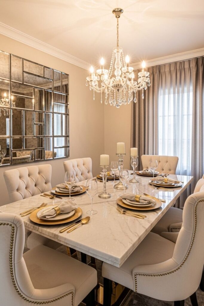 Tufted Upholstered Chairs with Gold Accents in Modern Classic Luxury Dining Room