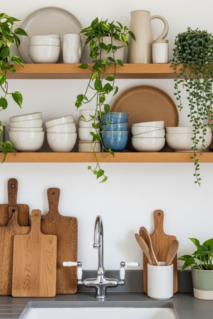 Vintage boho kitchen, modern kitchen with warm wood, and natural decor