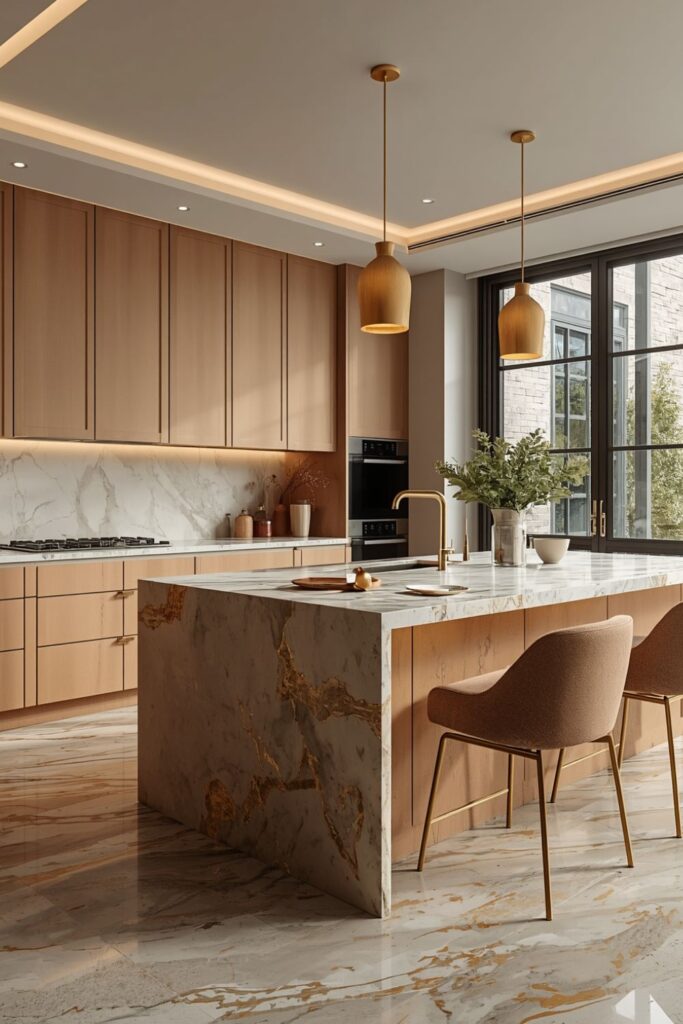 Warm Beige Luxury Kitchen with Waterfall Marble Island and Gold Accents