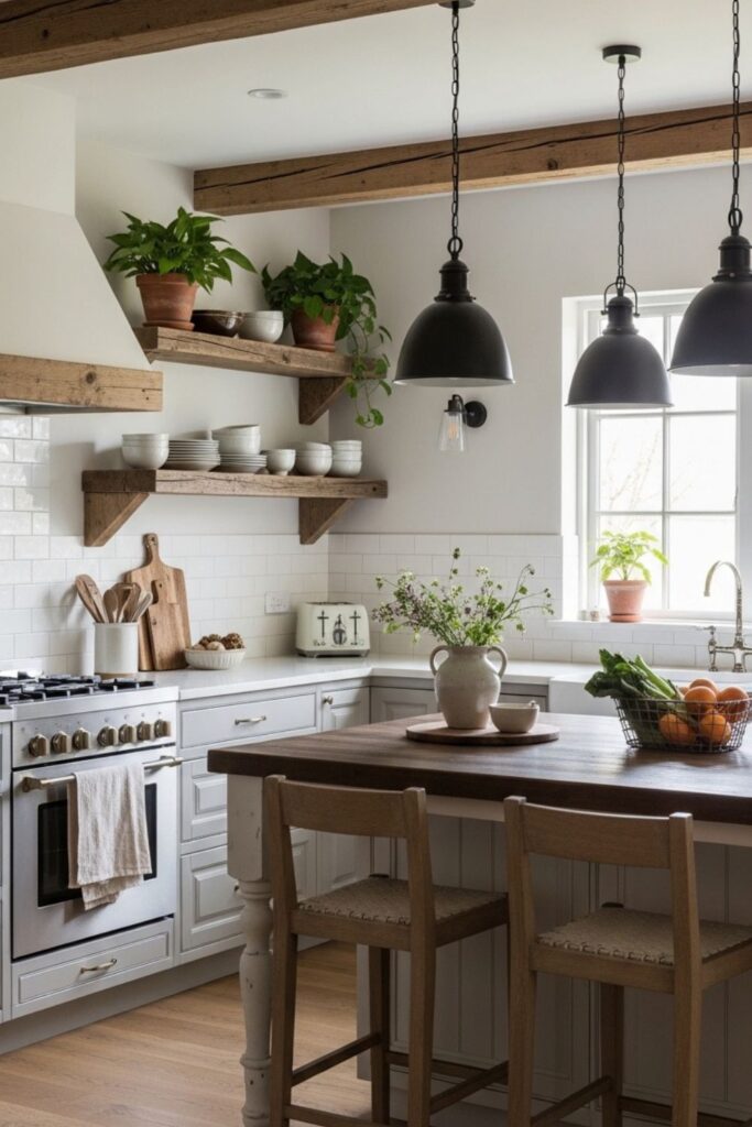 Warm Neutral Rustic Modern Farmhouse Kitchen Palette with Grey Cabinetry and Wood Beams