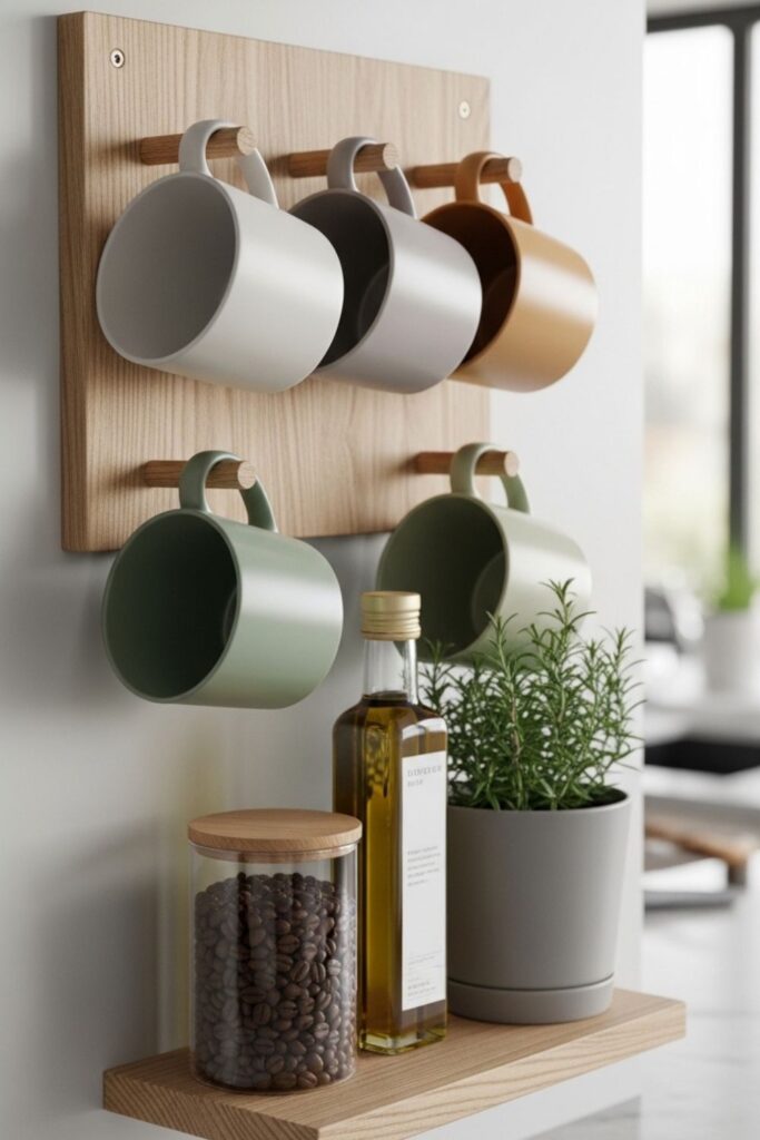 Wooden Mug Rack Hooks With Neutral Earthy Ceramic Mugs