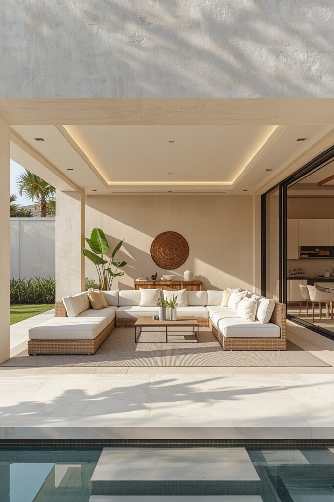 Bright Luxury Backyard Patio With Open-Air Lounge Layout