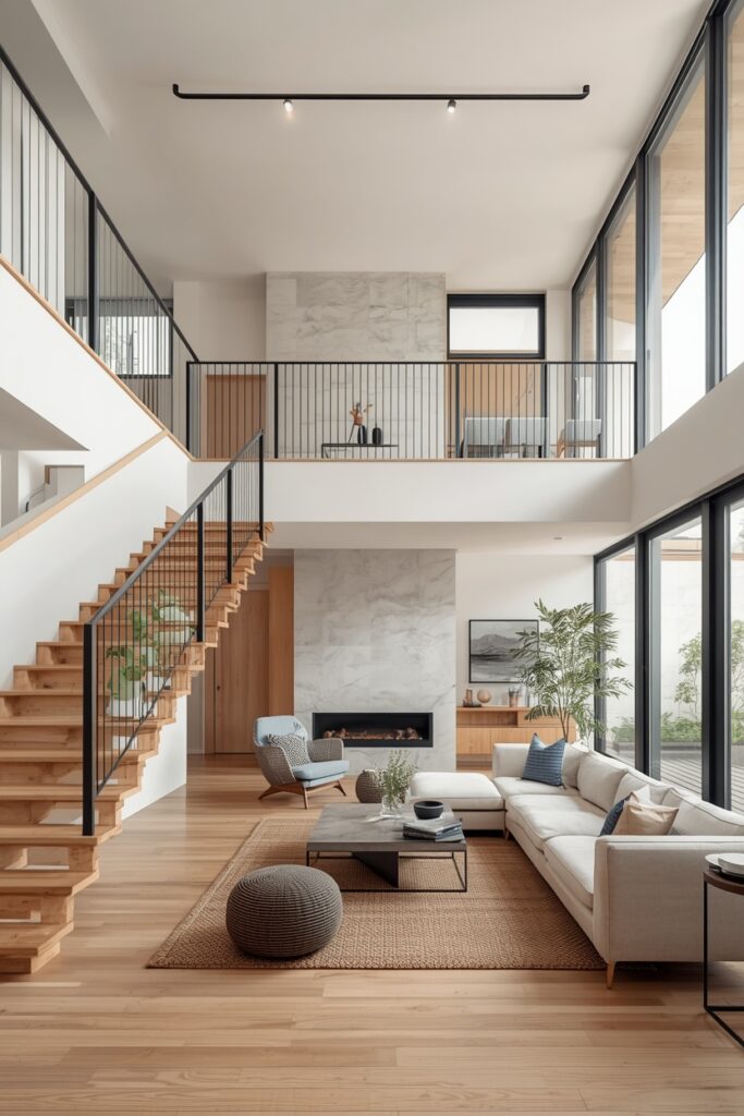 Bright Open Concept Living Room with Floating Staircase