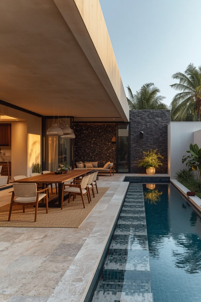 Contemporary Outdoor Dining Patio Beside Elegant Lap Pool