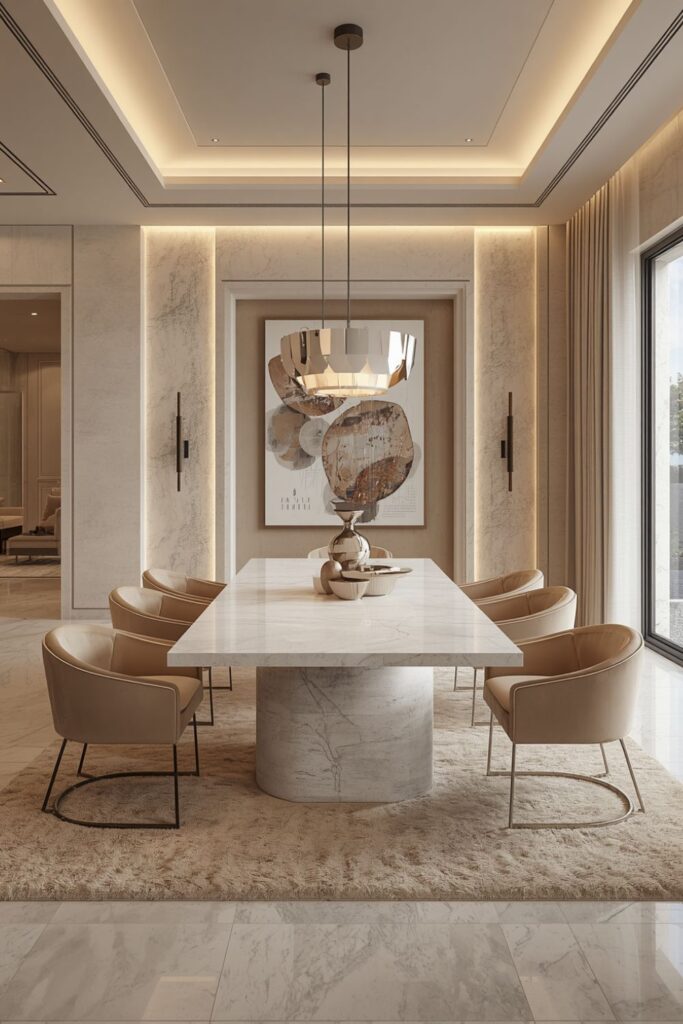 Contemporary White Dining Space With Curved Velvet Seating