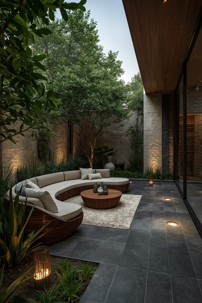 Elegant Backyard Retreat With Soft Lighting And Rich Greenery
