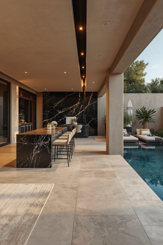 Elegant Black And Beige Modern Poolside Entertainment Area