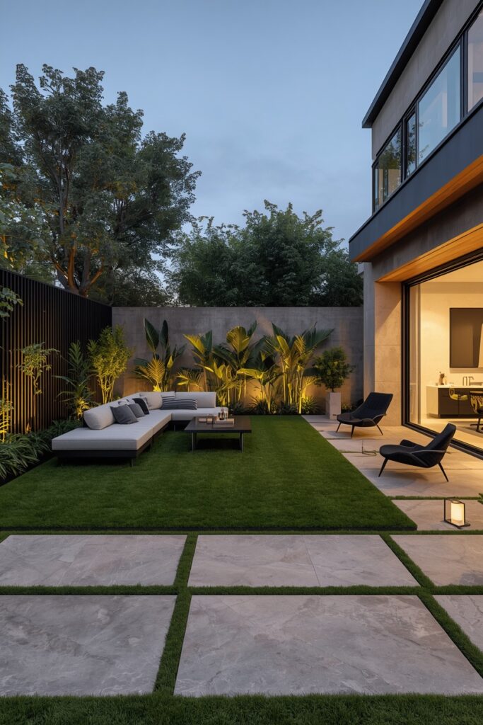 Elegant Minimalist Backyard Lounge With Modern Green Landscape