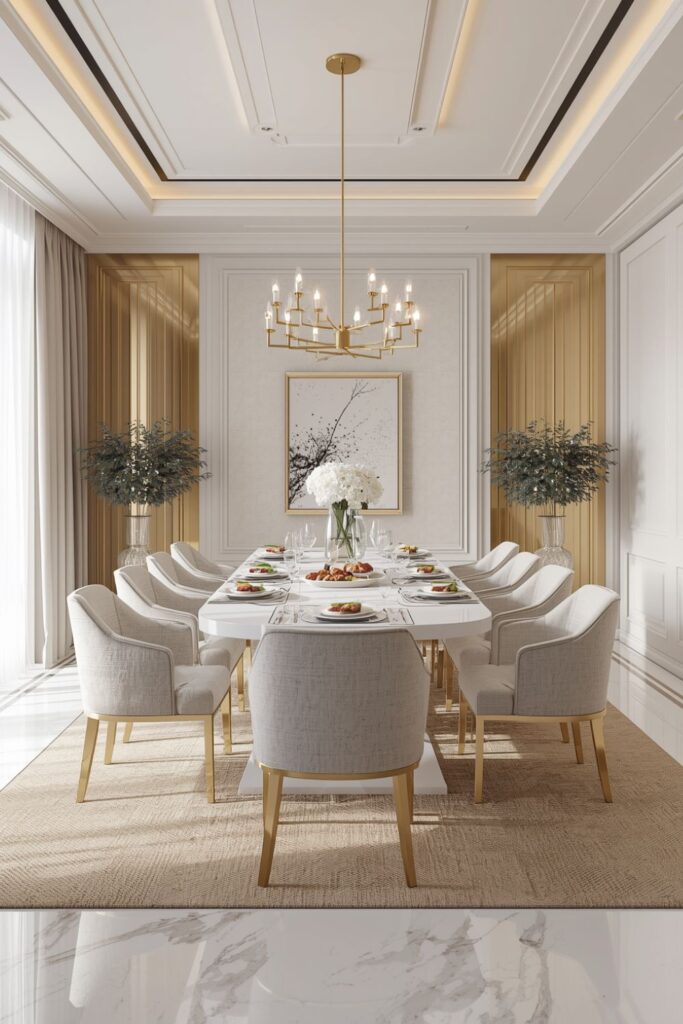 Luxe White Dining Room With Gold Statement Lighting