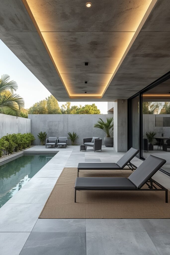 Minimalist Backyard Pool Lounge With Floating Ceiling Lighting