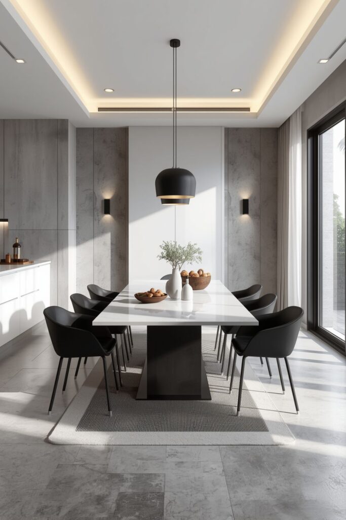 Minimalist White Dining Room With Black Contrast Details