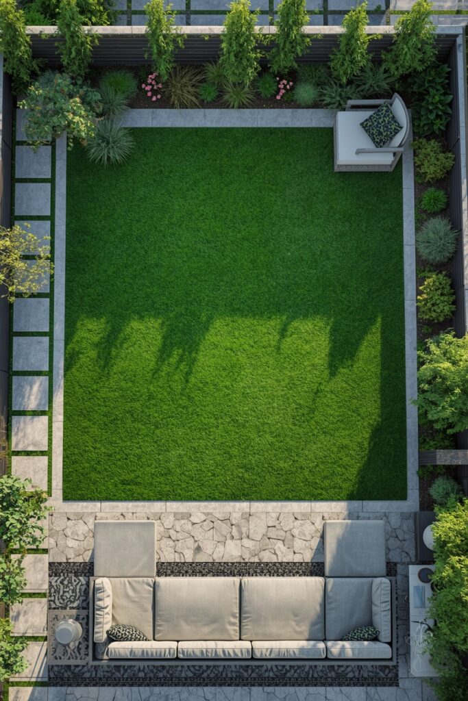 Modern Family Backyard With Relaxed Lounge And Green Borders