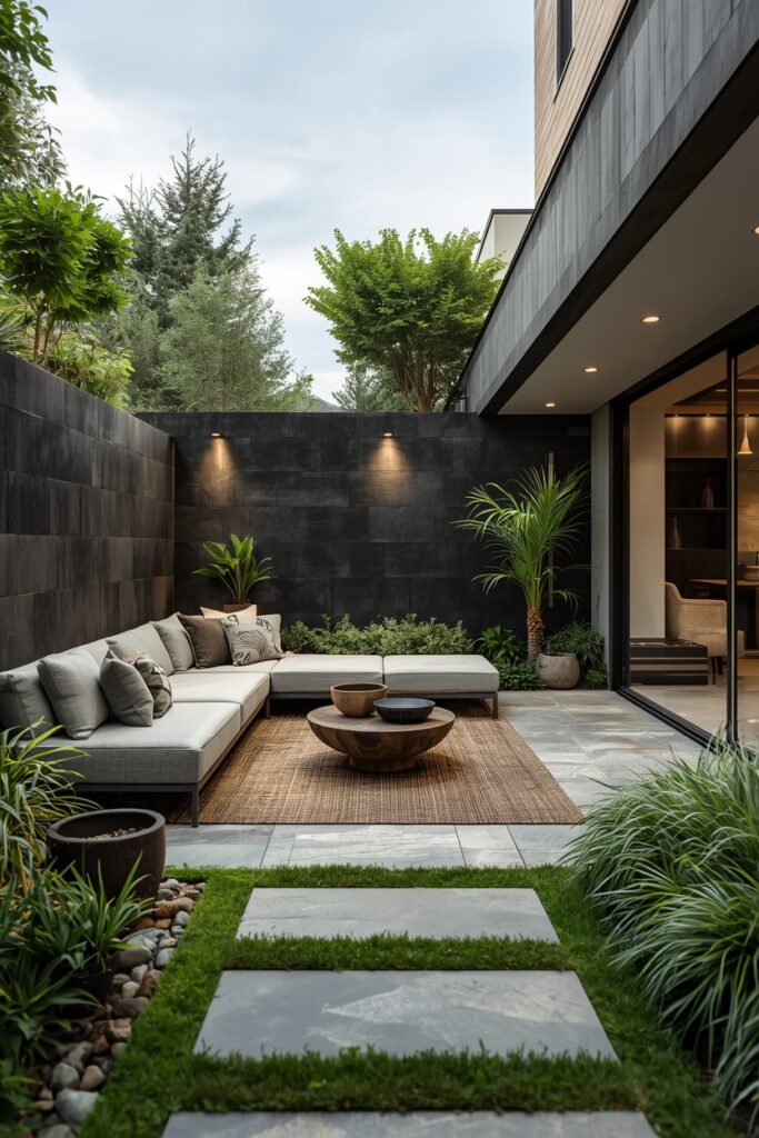 Modern Green Backyard With Sleek Stone Patio And Seating
