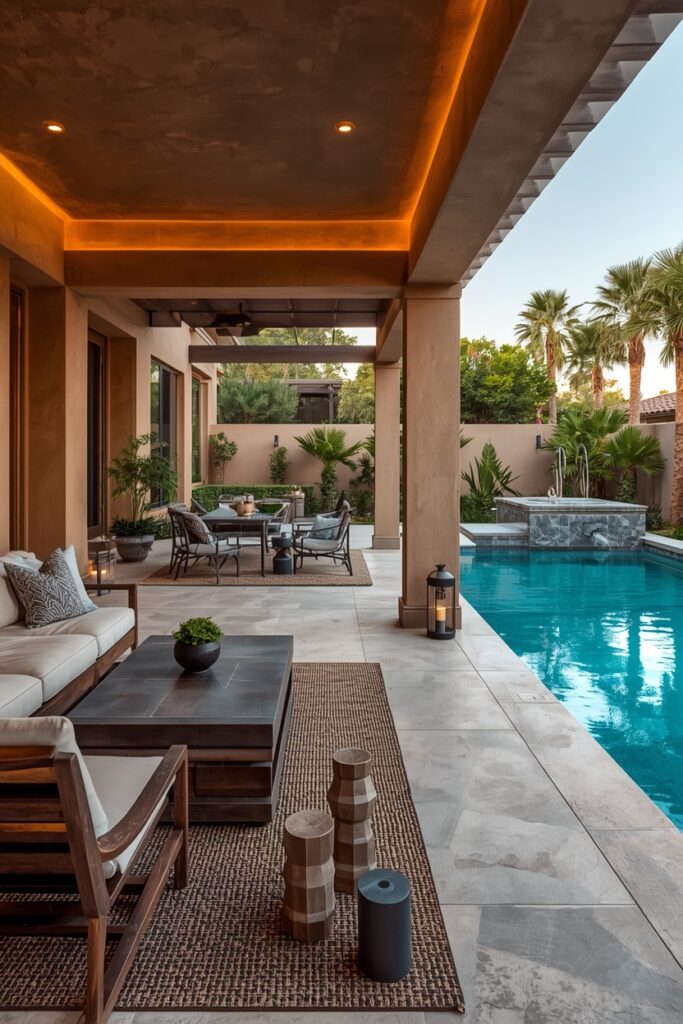 Resort-Style Backyard Patio With Warm Textured Finishes
