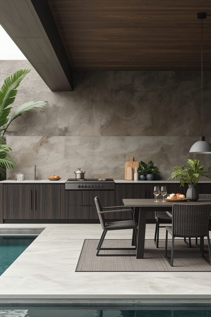 Sleek Outdoor Kitchen Patio With Contemporary Pool Design