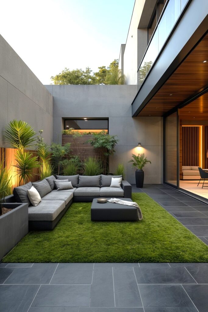 Sleek Urban Backyard Featuring Structured Lawn And Lounge Seating